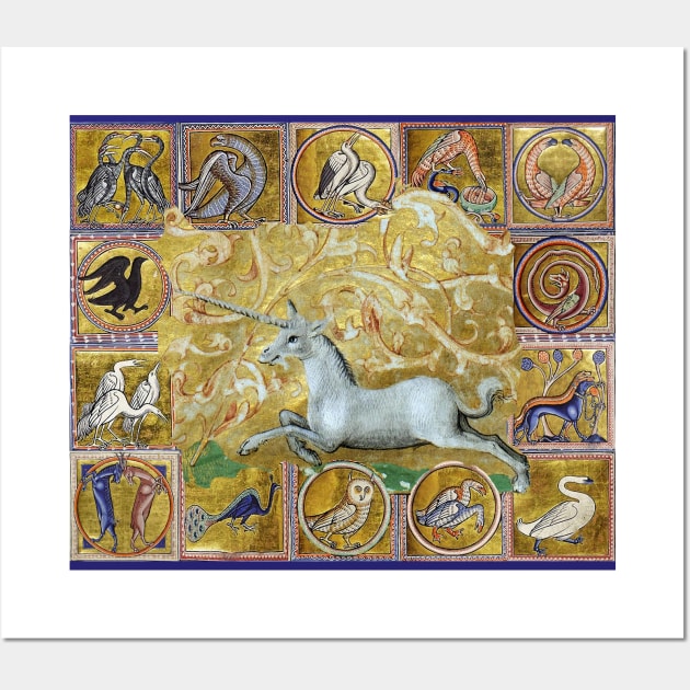 UNICORN AND MEDIEVAL BESTIARY, FANTASTIC ANIMALS IN GOLD RED BLUE COLORS Wall Art by BulganLumini